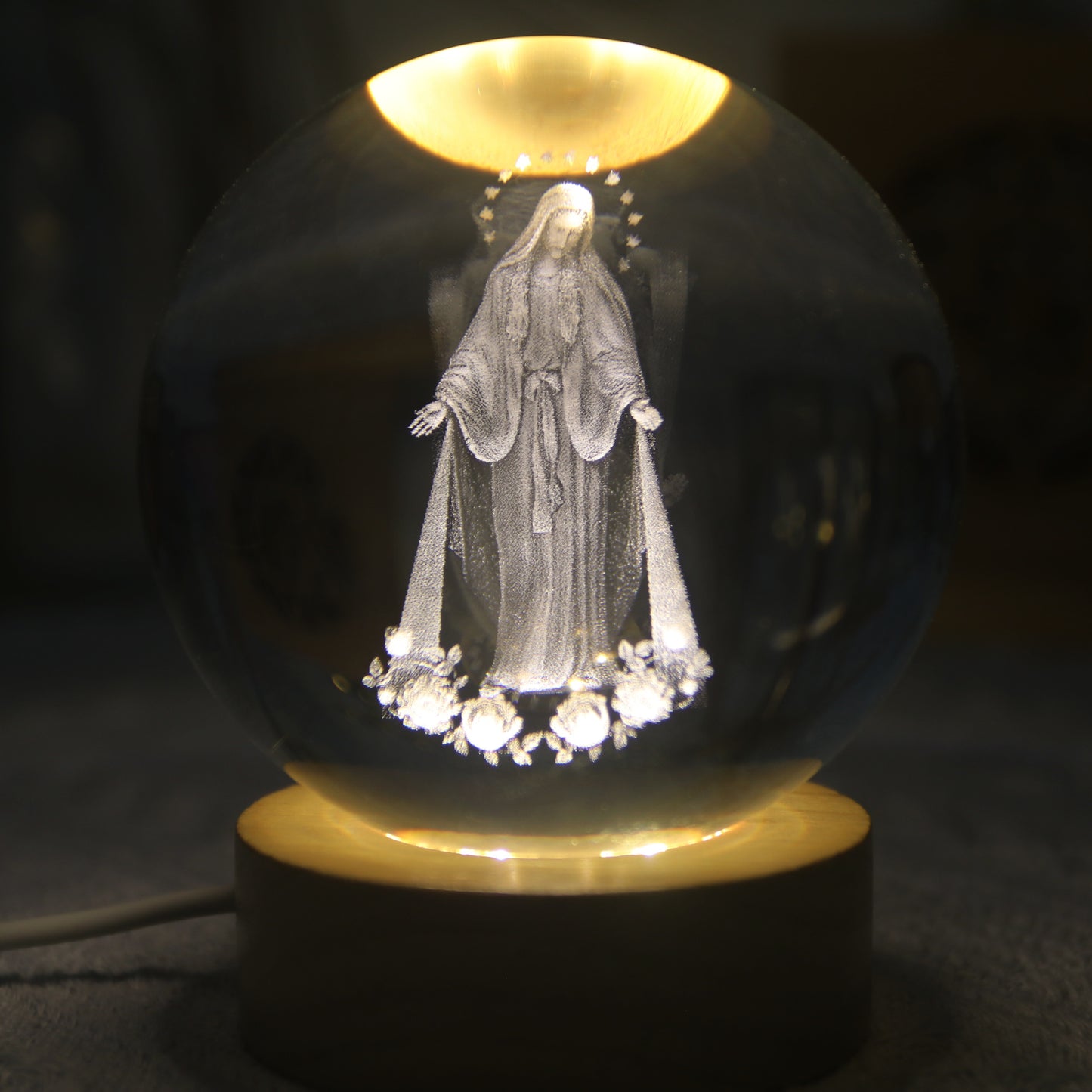 3D Laser Engraved Jesus Virgin Mary Crystal Ball 3.15 in  LED Night Light