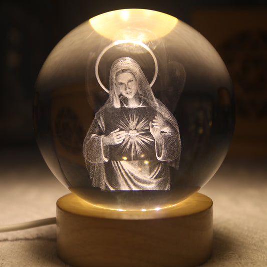 3D Laser Engraved Jesus Virgin Mary Crystal Ball 3.15 in  LED Night Light