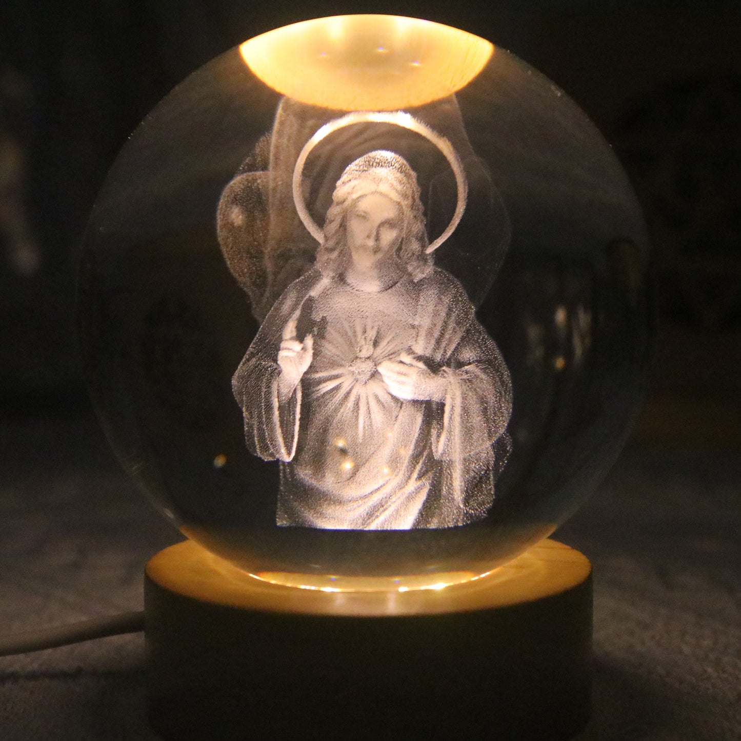 3D Laser Engraved Jesus Virgin Mary Crystal Ball 3.15 in  LED Night Light