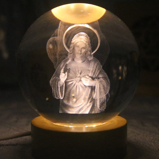3D Laser Engraved Jesus Virgin Mary Crystal Ball 3.15 in  LED Night Light